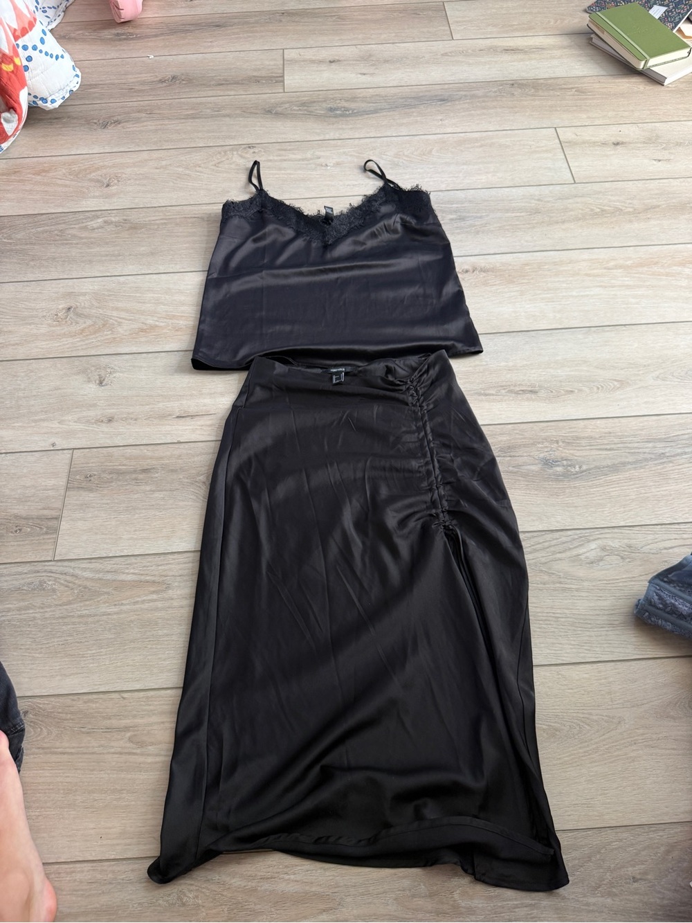 Forever 21 Black Satin Cami & Skirt Set